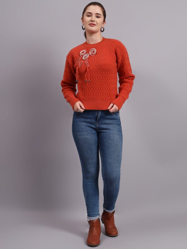 S17_RUST_01_7 Embroidered Floral Texture | Premium Acrylic Wool Rust Knitted Sweater