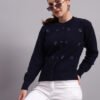 Women’s navy button-down daisy embroidered knit cardigan premium acrylic wool sweater
