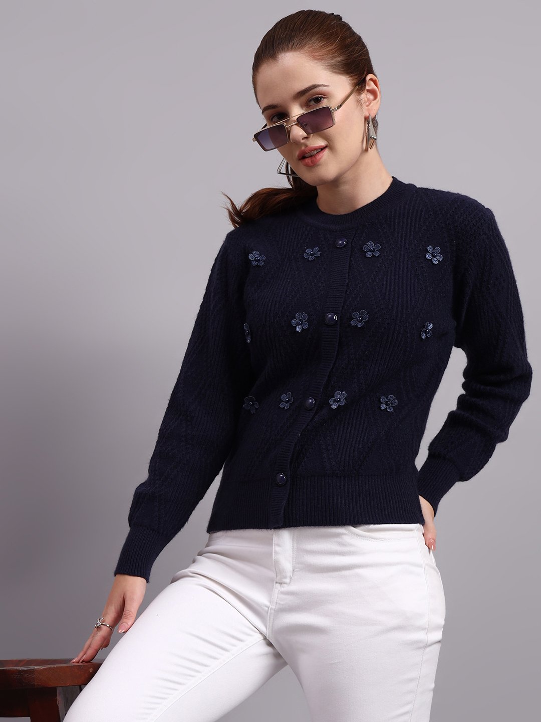 Women’s navy button-down daisy embroidered knit cardigan premium acrylic wool sweater