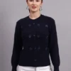 Women’s navy button-down daisy embroidered knit cardigan premium acrylic wool sweater