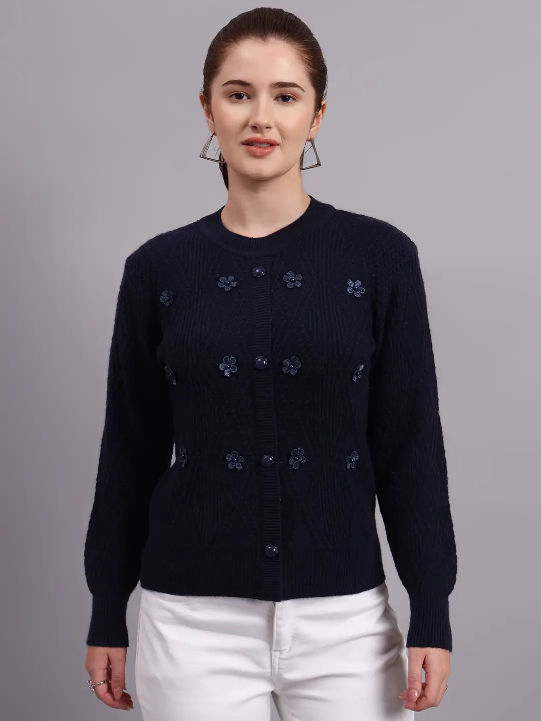 Women’s navy button-down daisy embroidered knit cardigan premium acrylic wool sweater