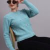 Women’s cool green button-down daisy embroidered knit cardigan premium acrylic wool sweater