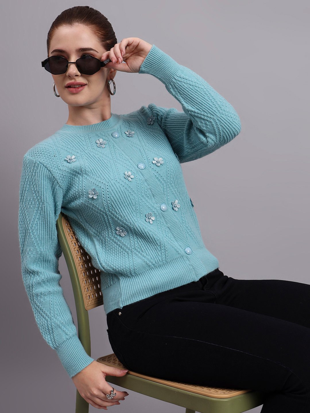 Women’s cool green button-down daisy embroidered knit cardigan premium acrylic wool sweater
