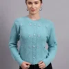 Women’s cool green button-down daisy embroidered knit cardigan premium acrylic wool sweater