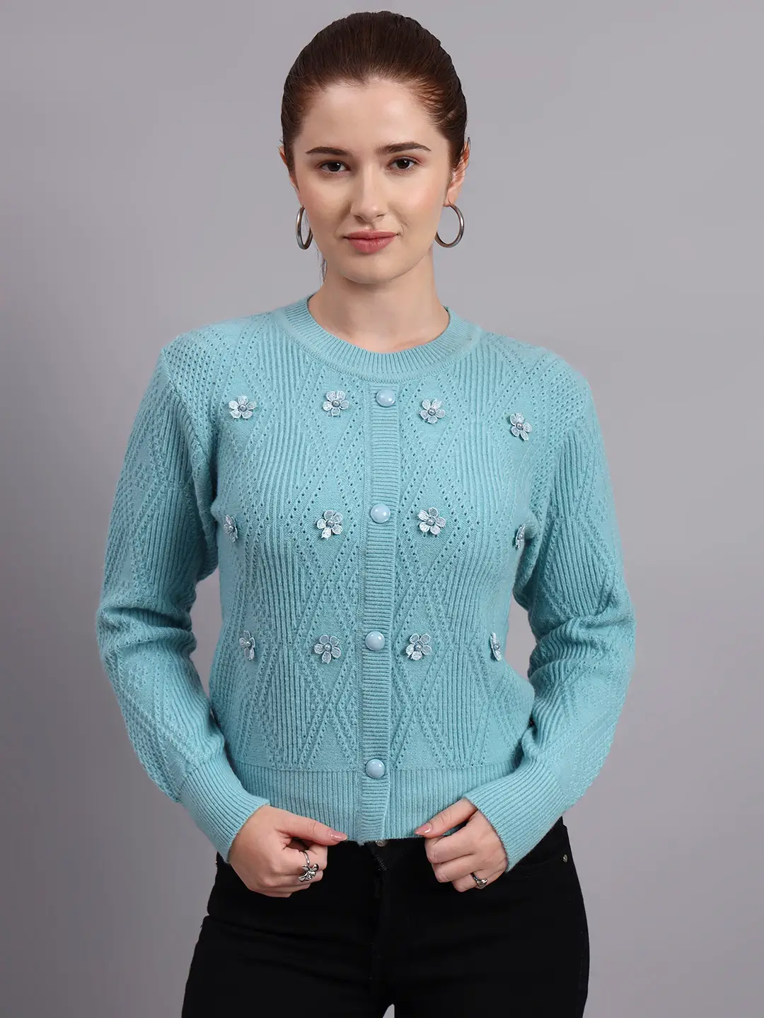 Women’s cool green button-down daisy embroidered knit cardigan premium acrylic wool sweater