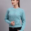 Daisy Embroidered Knit Cardigan | Premium Acrylic Wool Cool Green Women Sweater