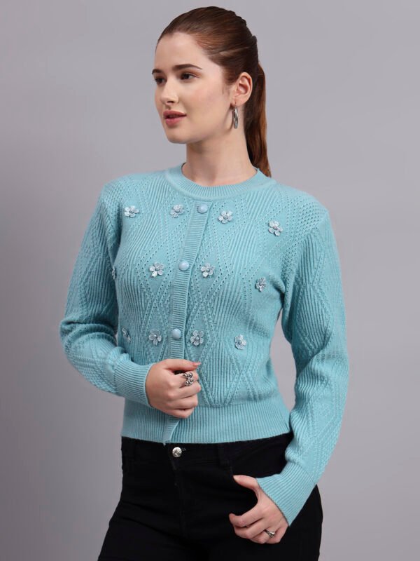 Daisy Embroidered Knit Cardigan | Premium Acrylic Wool Cool Green Women Sweater