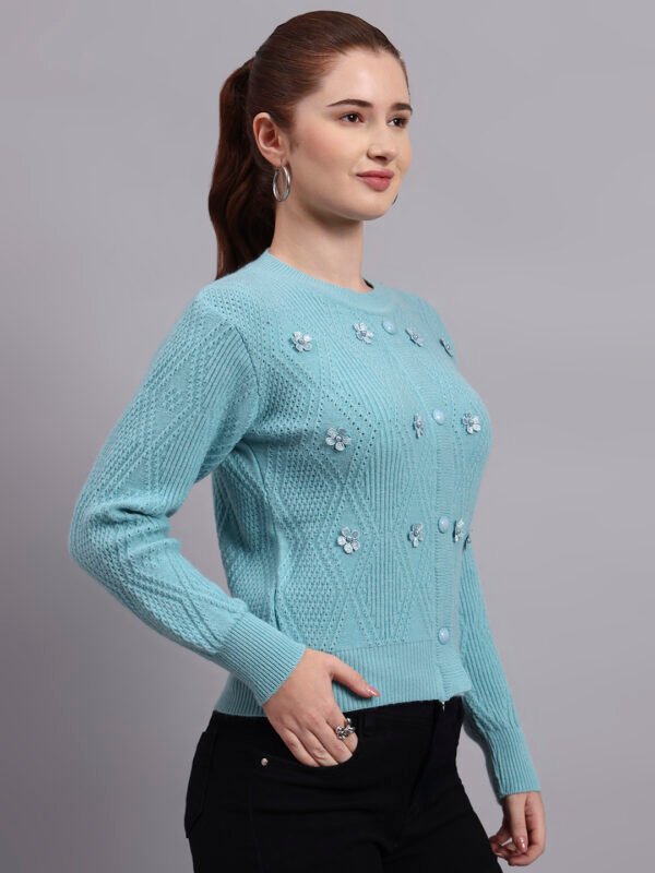 Daisy Embroidered Knit Cardigan | Premium Acrylic Wool Cool Green Women Sweater