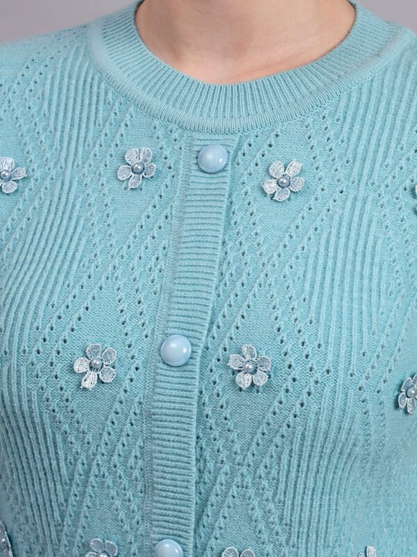 Daisy Embroidered Knit Cardigan | Premium Acrylic Wool Cool Green Women Sweater