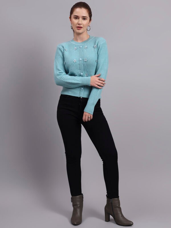 Daisy Embroidered Knit Cardigan | Premium Acrylic Wool Cool Green Women Sweater