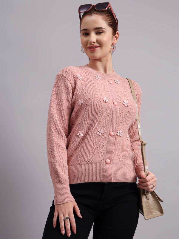 Women’s peach button-down daisy embroidered knit cardigan premium acrylic wool sweater