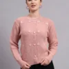 Women’s peach button-down daisy embroidered knit cardigan premium acrylic wool sweater