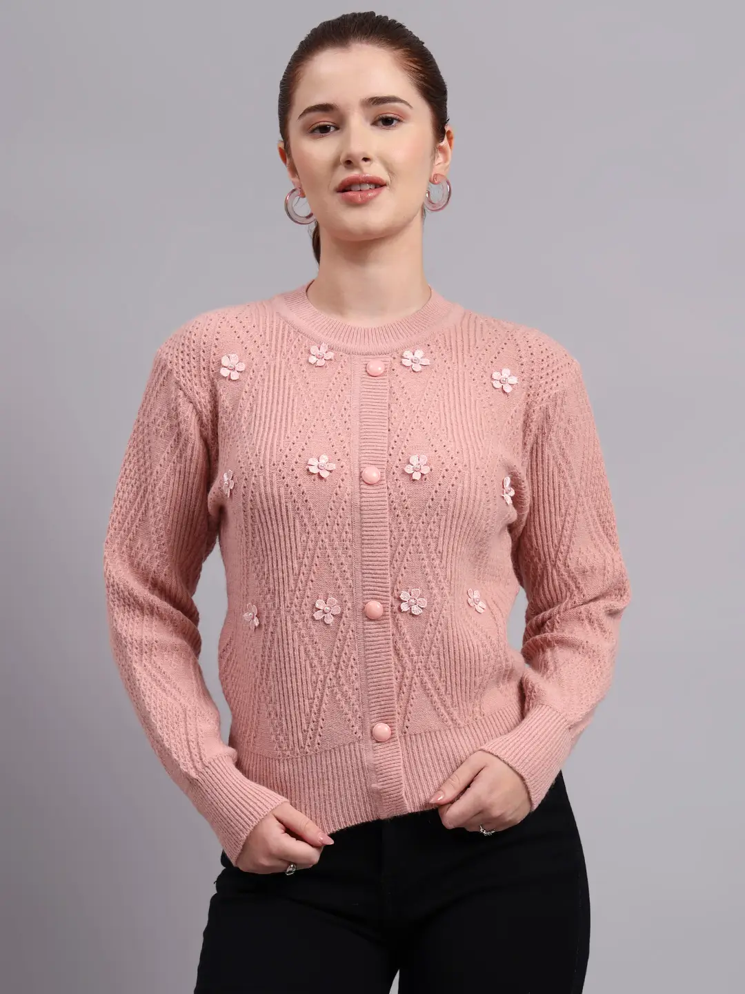 Women’s peach button-down daisy embroidered knit cardigan premium acrylic wool sweater