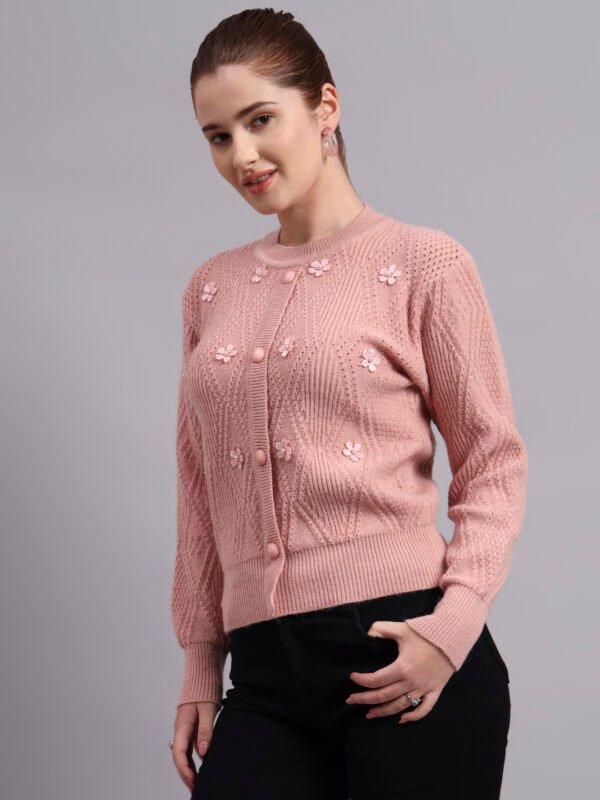Daisy Embroidered Knit Cardigan | Premium Acrylic Wool Peach Women Sweater
