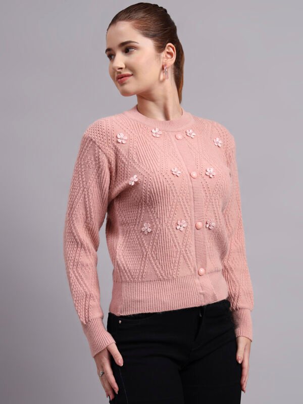 Daisy Embroidered Knit Cardigan | Premium Acrylic Wool Peach Women Sweater