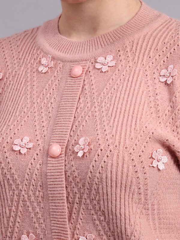 Daisy Embroidered Knit Cardigan | Premium Acrylic Wool Peach Women Sweater