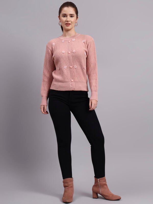 Daisy Embroidered Knit Cardigan | Premium Acrylic Wool Peach Women Sweater