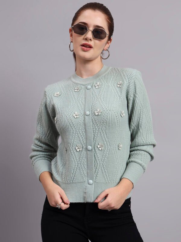 Daisy Embroidered Knit Cardigan | Premium Acrylic Wool Pista Green Women Sweater