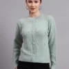 Women’s pista green button-down daisy embroidered knit cardigan premium acrylic wool sweater
