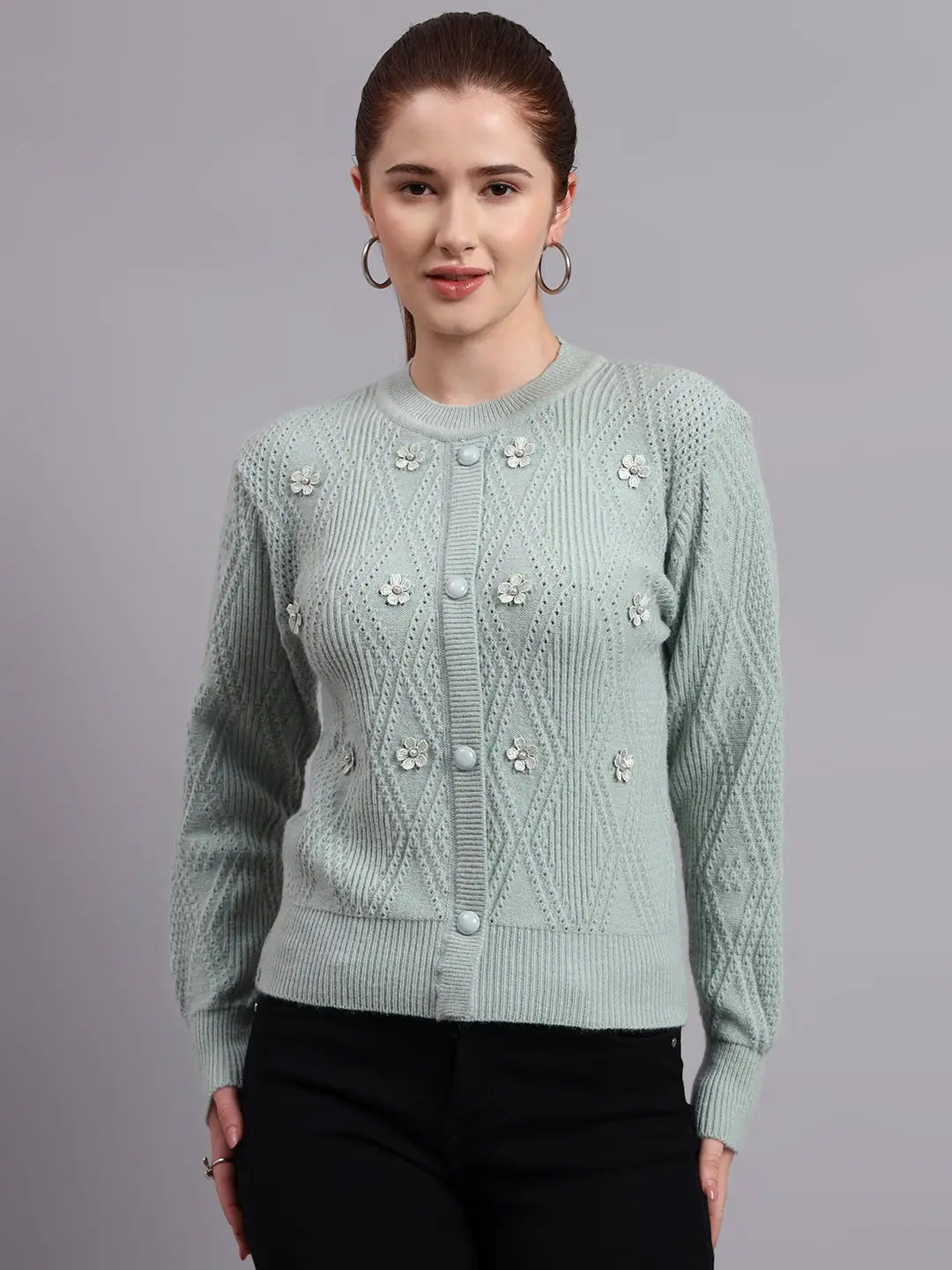 Women’s pista green button-down daisy embroidered knit cardigan premium acrylic wool sweater