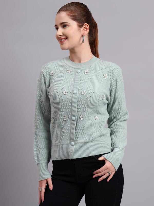 Daisy Embroidered Knit Cardigan | Premium Acrylic Wool Pista Green Women Sweater