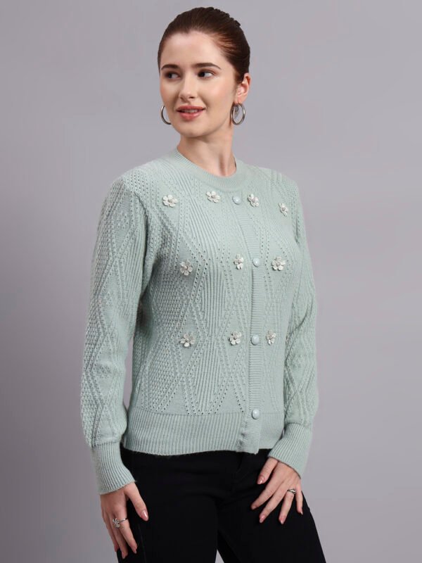 Daisy Embroidered Knit Cardigan | Premium Acrylic Wool Pista Green Women Sweater