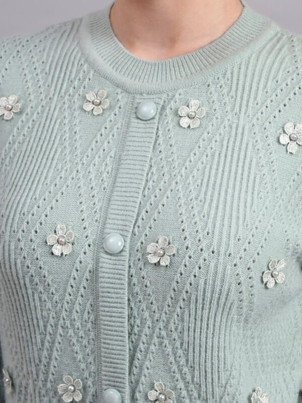 Daisy Embroidered Knit Cardigan | Premium Acrylic Wool Pista Green Women Sweater