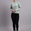 Women’s pista green button-down daisy embroidered knit cardigan premium acrylic wool sweater