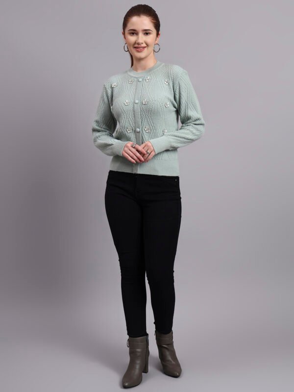 Women’s pista green button-down daisy embroidered knit cardigan premium acrylic wool sweater