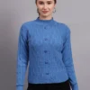 Women’s dark sky blue button-down ribbed crew neck knit cardigan premium acrylic wool sweater