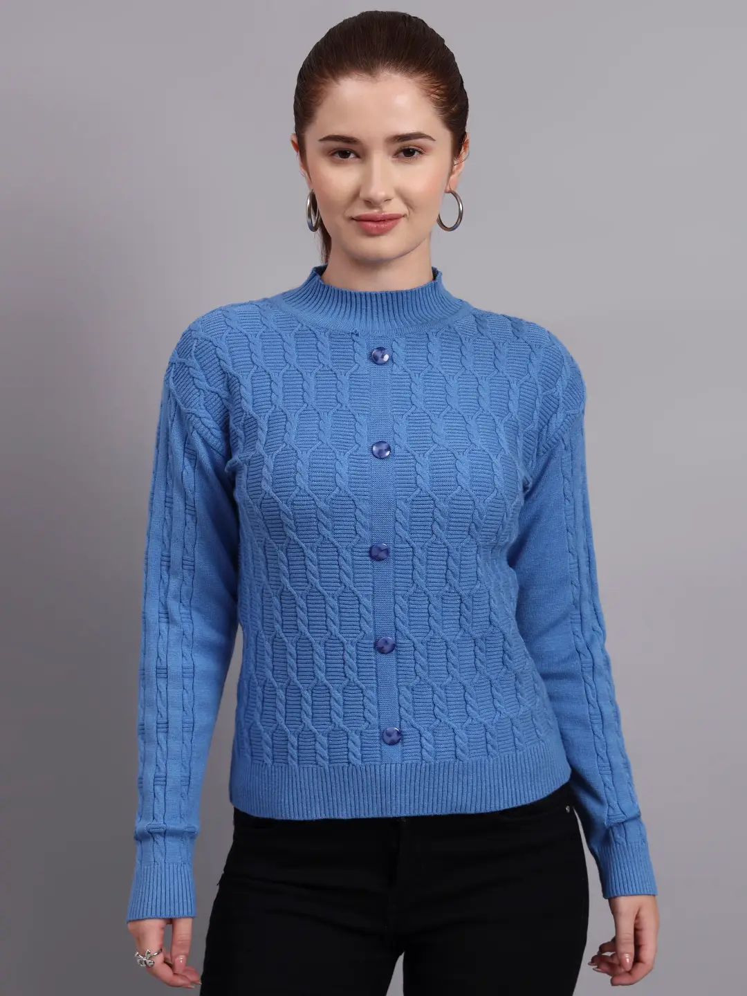 Women’s dark sky blue button-down ribbed crew neck knit cardigan premium acrylic wool sweater