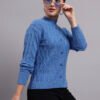 Textured Button-Down Ribbed Crew Neck | Premium Acrylic Wool Dark Sky Blue Sweater