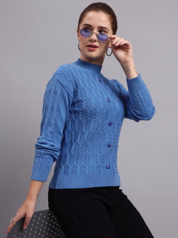 Textured Button-Down Ribbed Crew Neck | Premium Acrylic Wool Dark Sky Blue Sweater