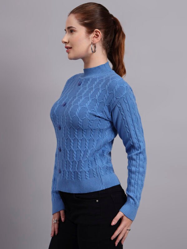 Textured Button-Down Ribbed Crew Neck | Premium Acrylic Wool Dark Sky Blue Sweater