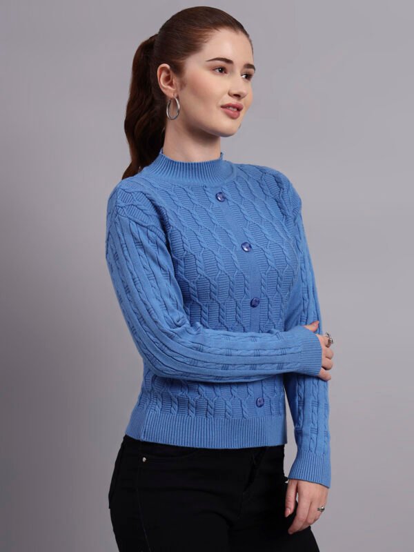 Textured Button-Down Ribbed Crew Neck | Premium Acrylic Wool Dark Sky Blue Sweater