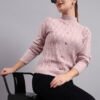 Women’s light onion pink button-down ribbed crew neck knit cardigan premium acrylic wool sweater