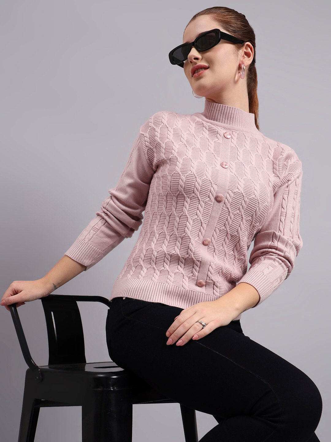 Women’s light onion pink button-down ribbed crew neck knit cardigan premium acrylic wool sweater