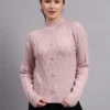 Women’s light onion pink button-down ribbed crew neck knit cardigan premium acrylic wool sweater