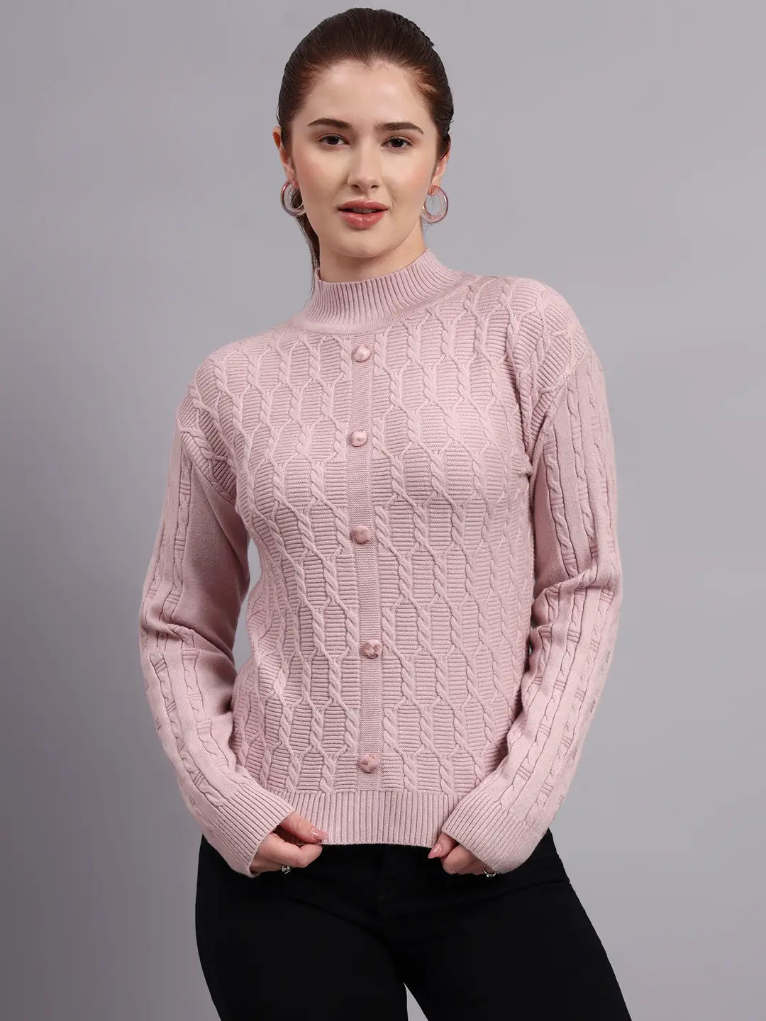 Women’s light onion pink button-down ribbed crew neck knit cardigan premium acrylic wool sweater