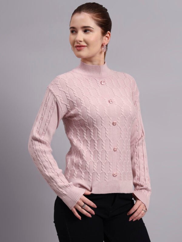 Textured Button-Down Ribbed | Premium Acrylic Wool Light Onion Pink Women Sweater