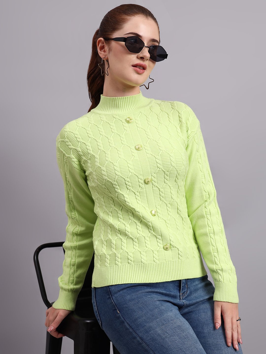 Women’s parrot green button-down ribbed crew neck knit cardigan premium acrylic wool sweater