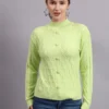 Women’s parrot green button-down ribbed crew neck knit cardigan premium acrylic wool sweater