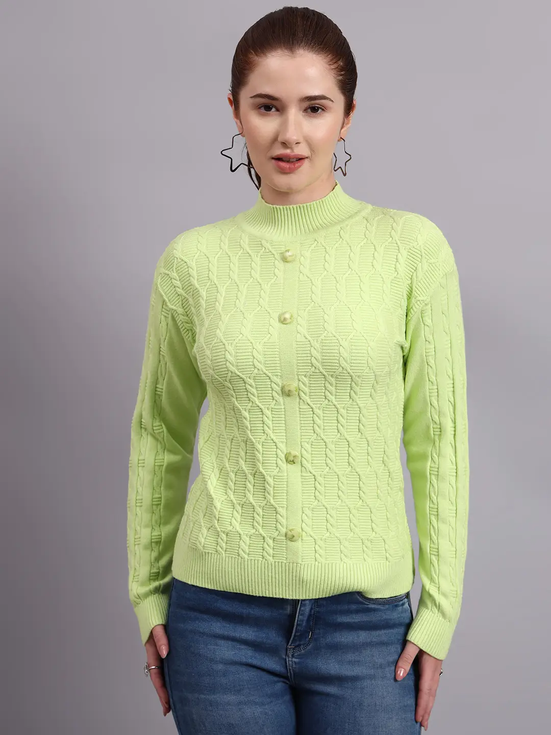 Women’s parrot green button-down ribbed crew neck knit cardigan premium acrylic wool sweater