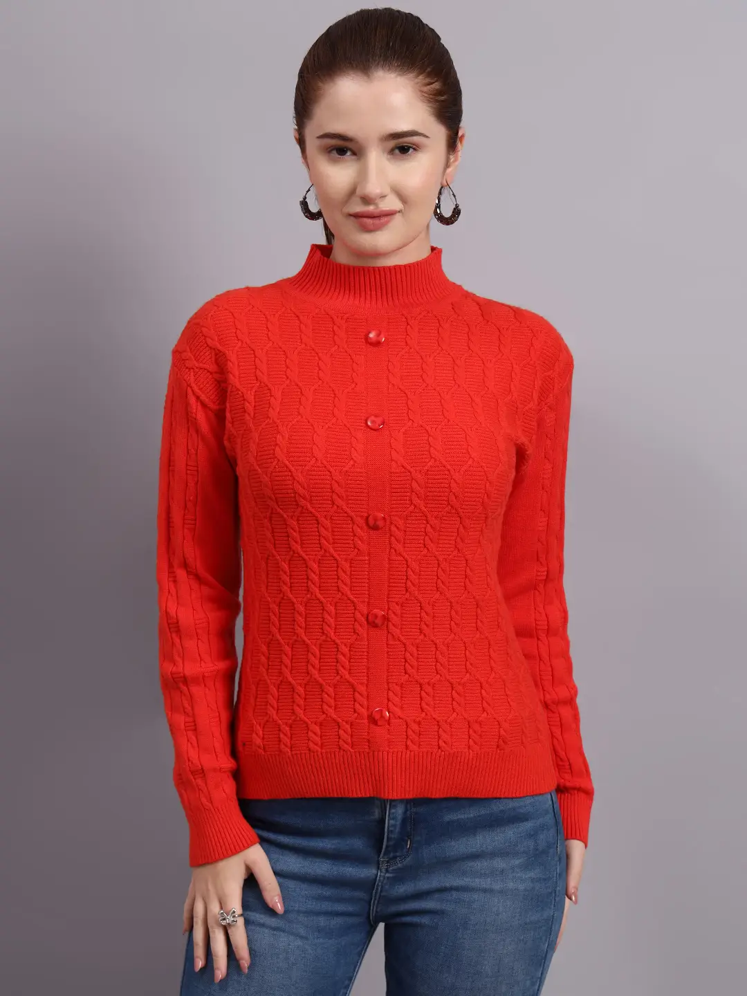 Women’s rust button-down ribbed crew neck knit cardigan premium acrylic wool sweater