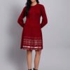 Women's Maroon Knit Winter Dress with Pattern Hem and Button Front