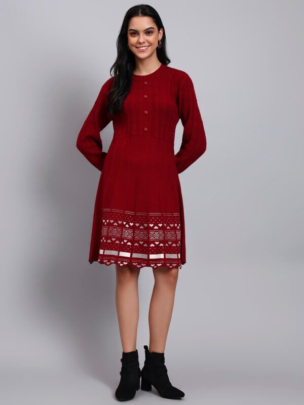 Women's Maroon Knit Winter Dress with Pattern Hem and Button Front