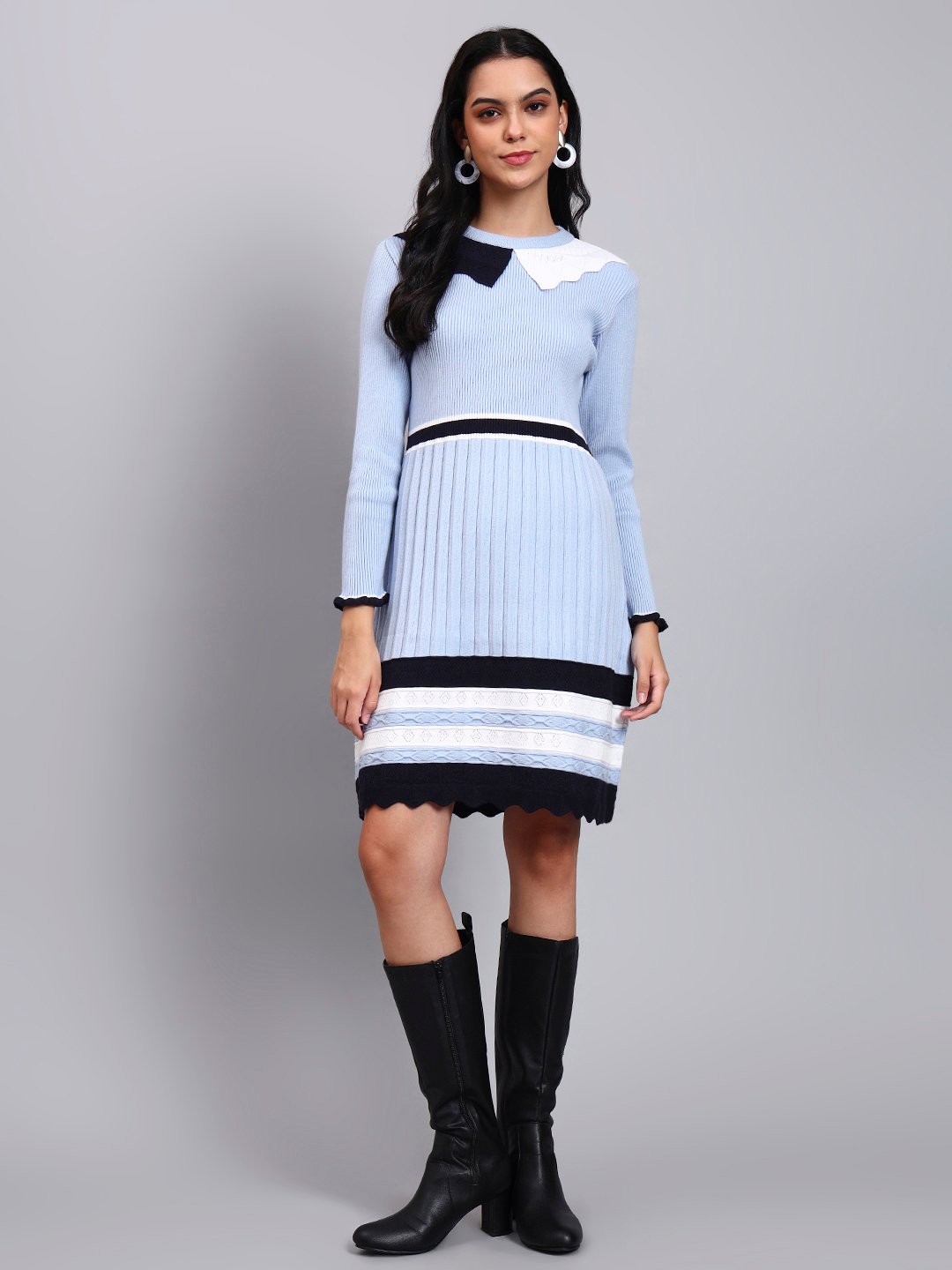 Women's Sky Blue Ribbed Knit Winter Dress with White Collar & Navy Border