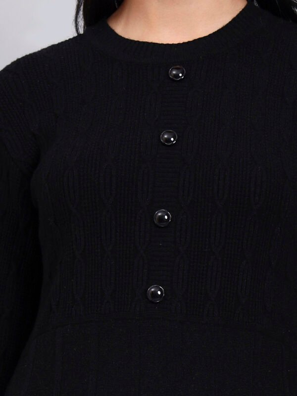 partnerimages_05655f7f_J9_BLACK_01_6 Women's Black Knit Winter Dress with Pastel Pattern Hem and Button Front