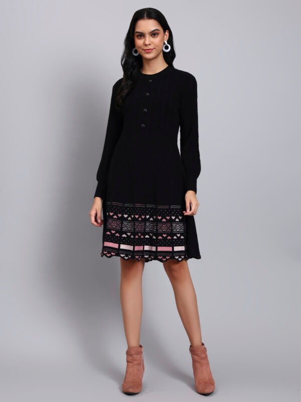partnerimages_08c36f4f_J9_BLACK_01_7 Women's Black Knit Winter Dress with Pastel Pattern Hem and Button Front