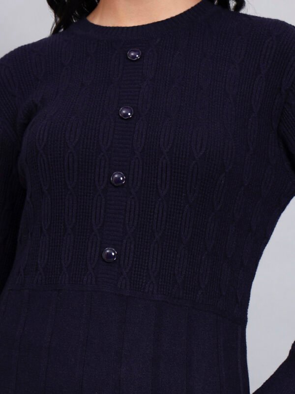 Women's Navy Knit Winter Dress with Pastel Pattern Hem and Button Front